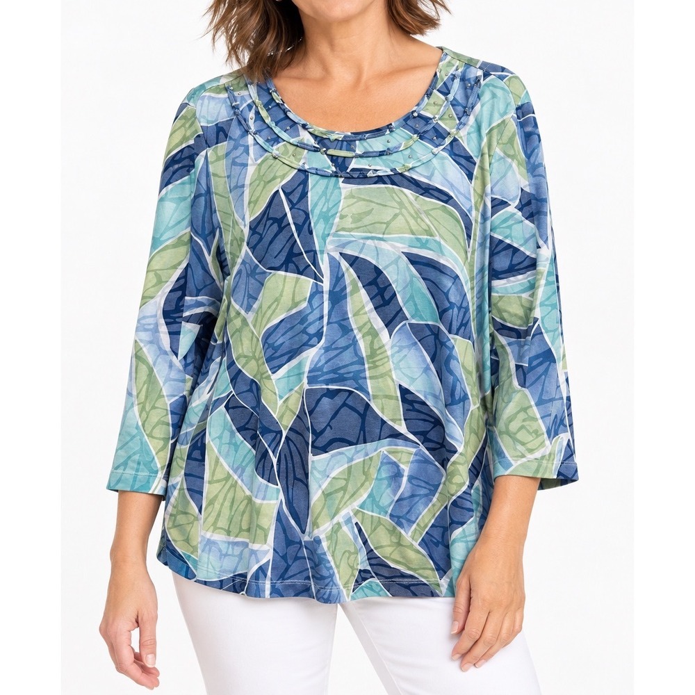 Alfred Dunner Woman 2X Blue Green Abstract Leaf 3/4 Sleeve Rhinestone Tunic Top